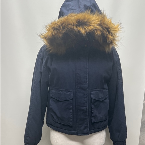 Aeropostale faux fur hooded cropped parka size XS.navy - Picture 1 of 6